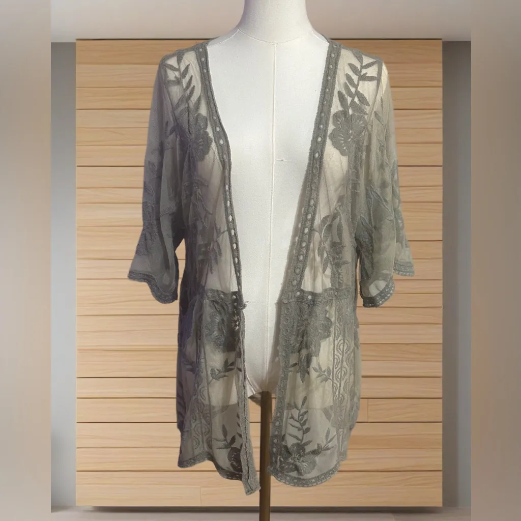 Boho Green Lace Embroidered Kimono Cardigan Cottagecore Fairycore Layering - Image 4