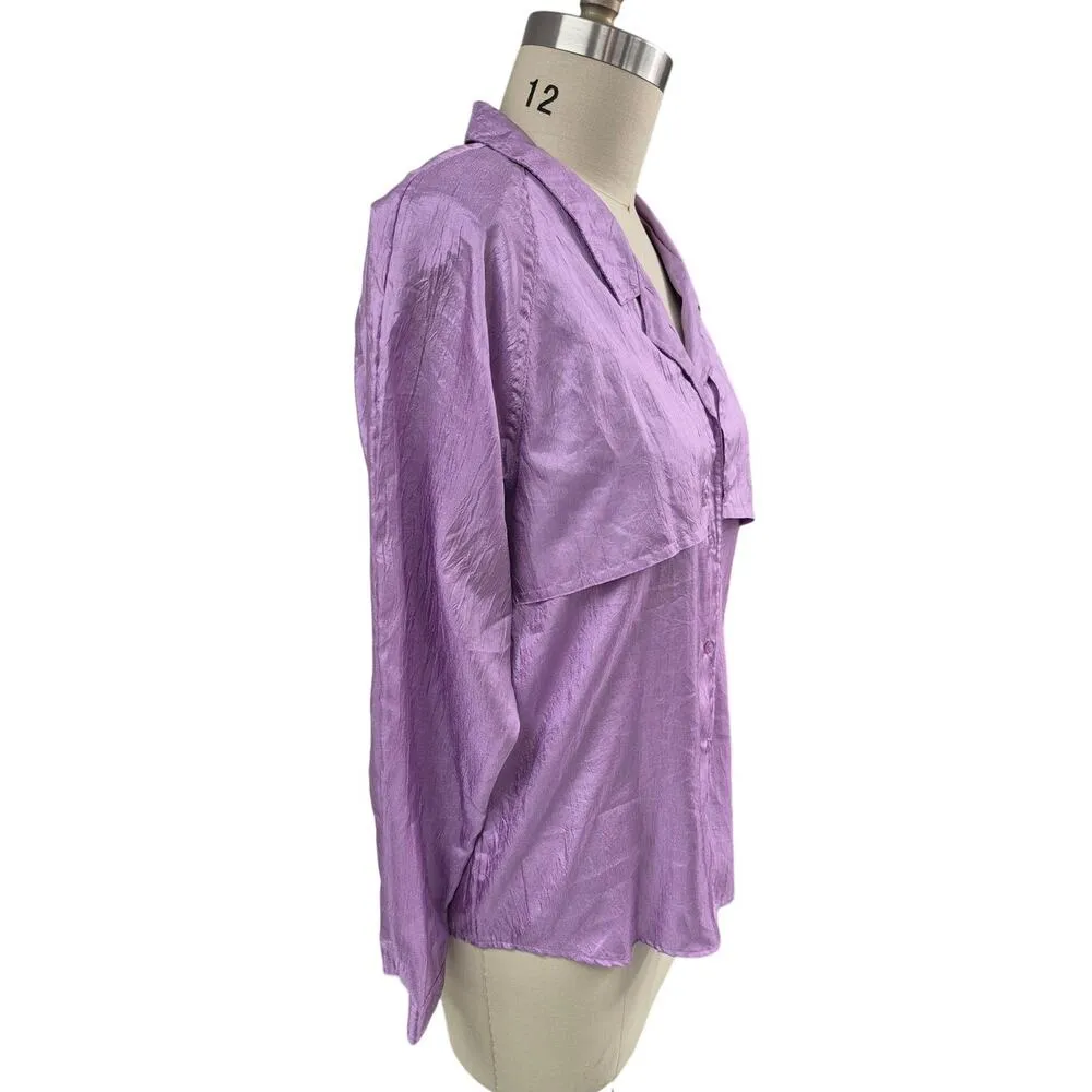 Vtg 80s 90s Diane Von Furstenberg Lilac Purple Crinkle Tab SLeeve Shirt Blouse L - Image 3