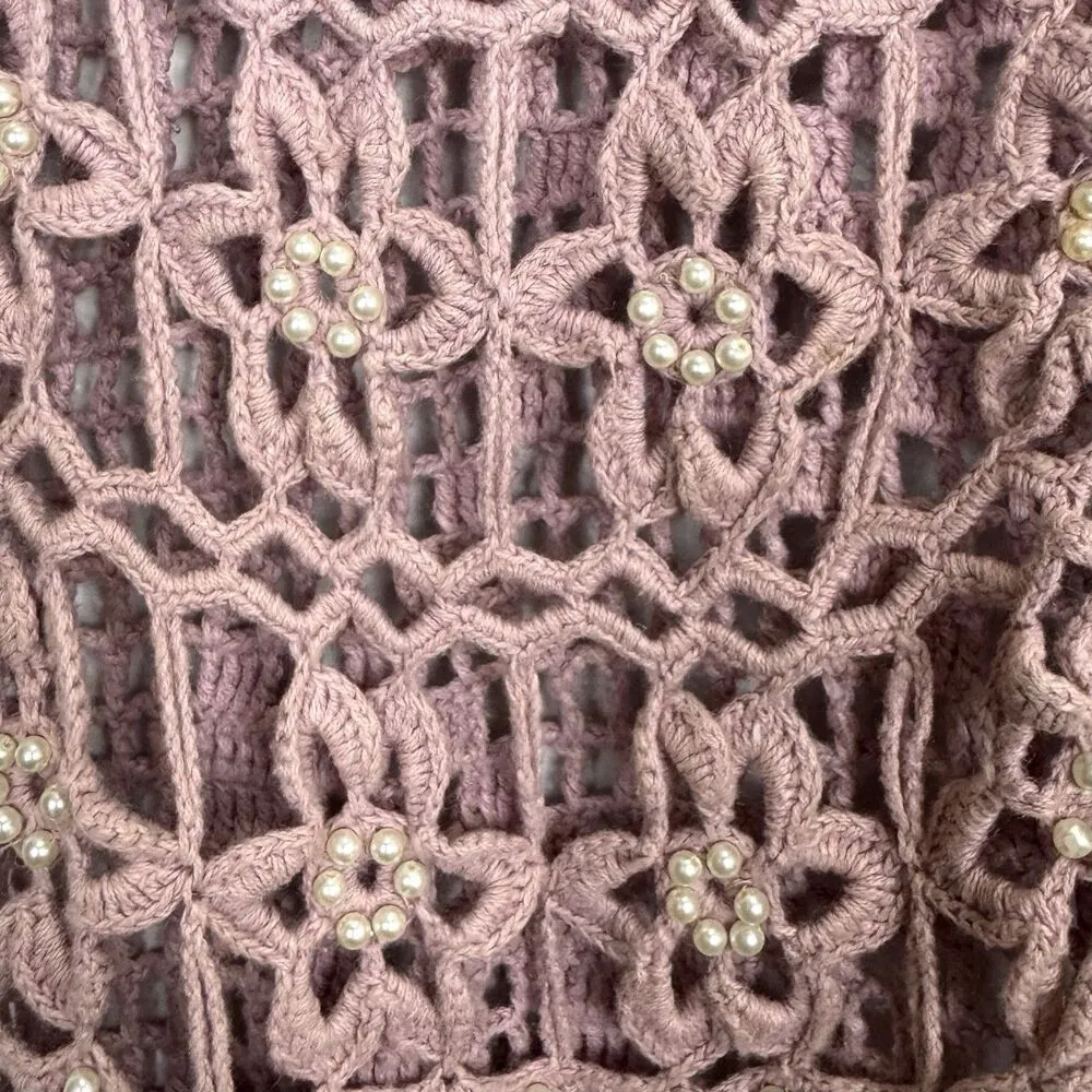 Vintage Y2K Womens Top L Pink Crochet Long Vest Boho Hippie Pearls Embellished - Image 3