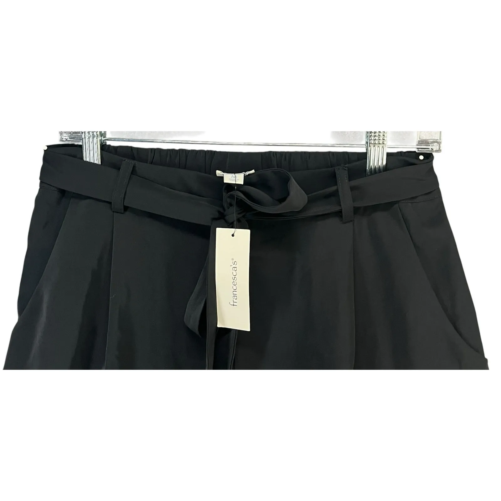 Francesca Blue Rain Shorts Women M Black Satin Tie Waist Pockets Modern Boutique - Image 3