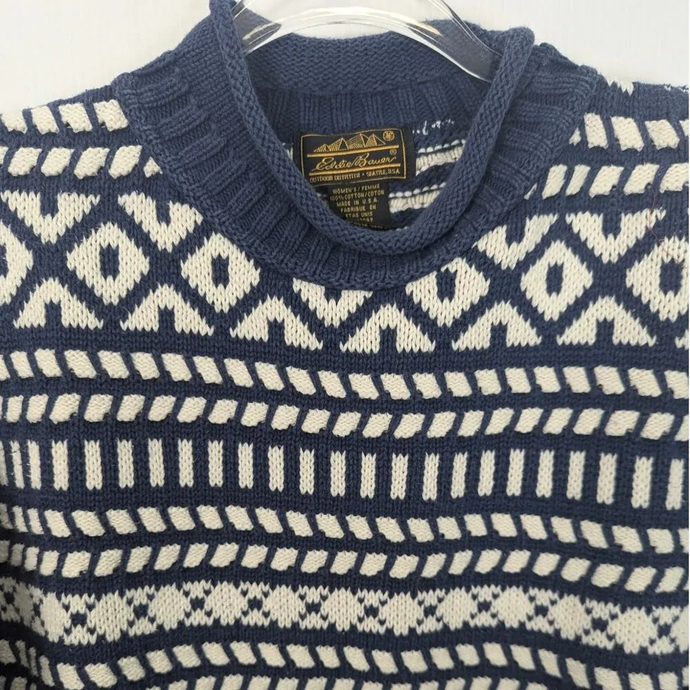 Vintage Eddie Bauer Chunky Cotton Sweater Mock Neck Abstract Pattern Blue White - Image 3