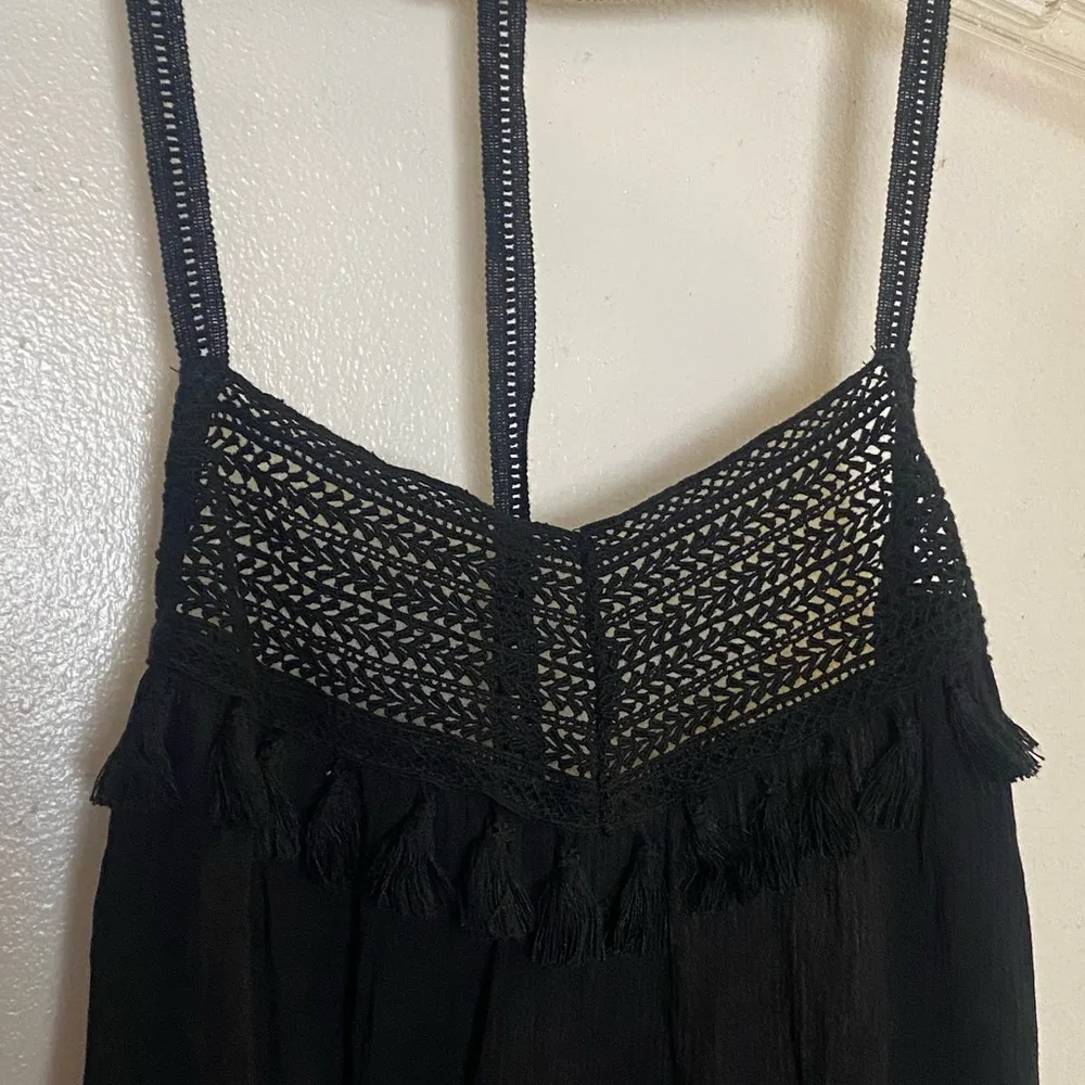 Forever 21 Black Boho Tank Top S Small Net Pom Fringe Neck Bohemian Festival - Image 2