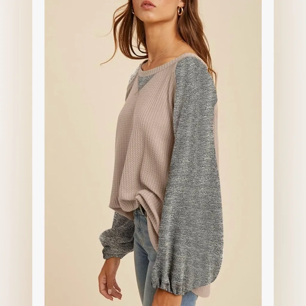 NEW Waffle Knit Tops Casual Crewneck Contrast Long Sleeve Shirt Loose Pullover M Tan Size M - Image 3