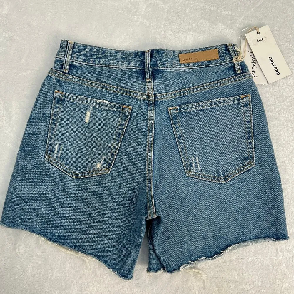 GRLFRND Jourdan Button Fly Cut Off Denim Shorts Blue Distressed Size 25 Y2K NWT - Image 4
