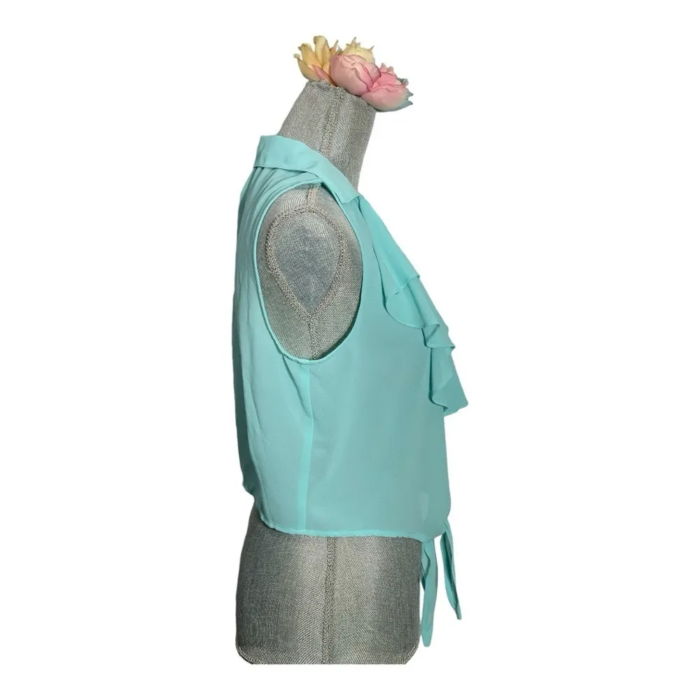 Iris Los Angeles Aqua blue Top Sheer Sleeveless Lace Knot Tie Large - Image 2
