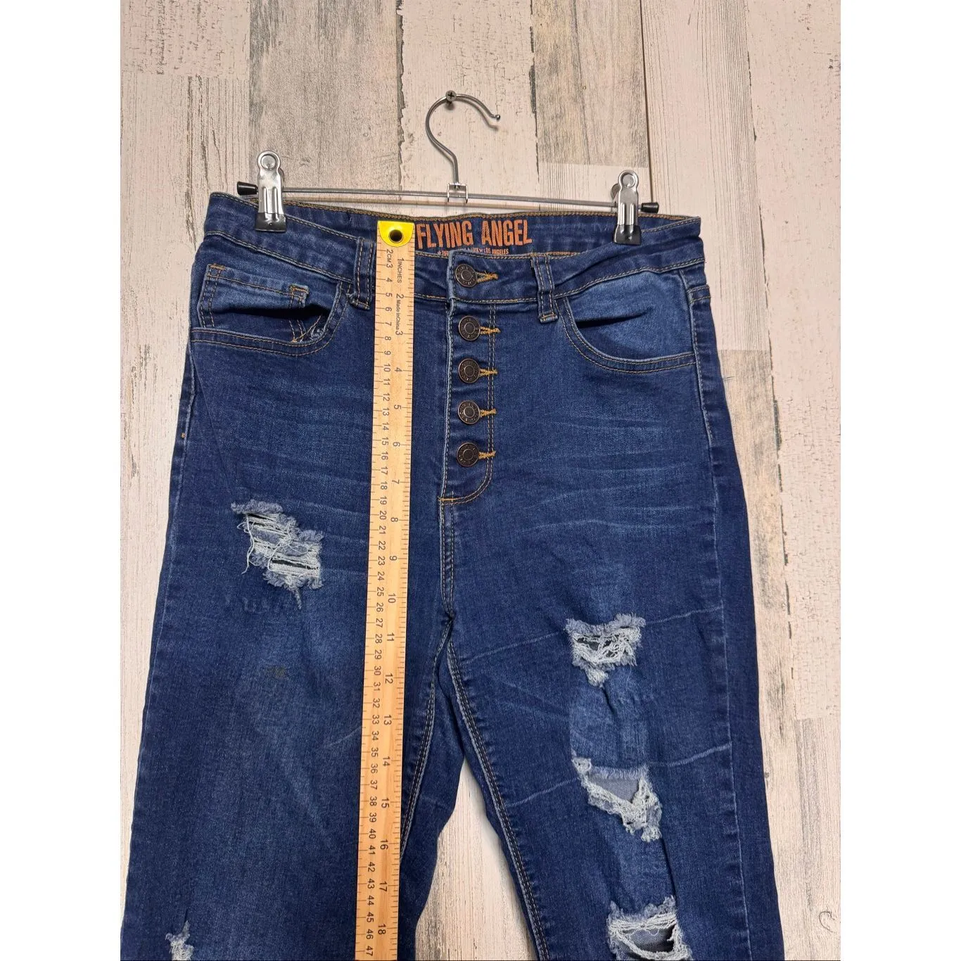 Flying Angel High Rise Distressed Skinny Jeans Dark Wash Button Fly – Size 9 Blue - Image 2
