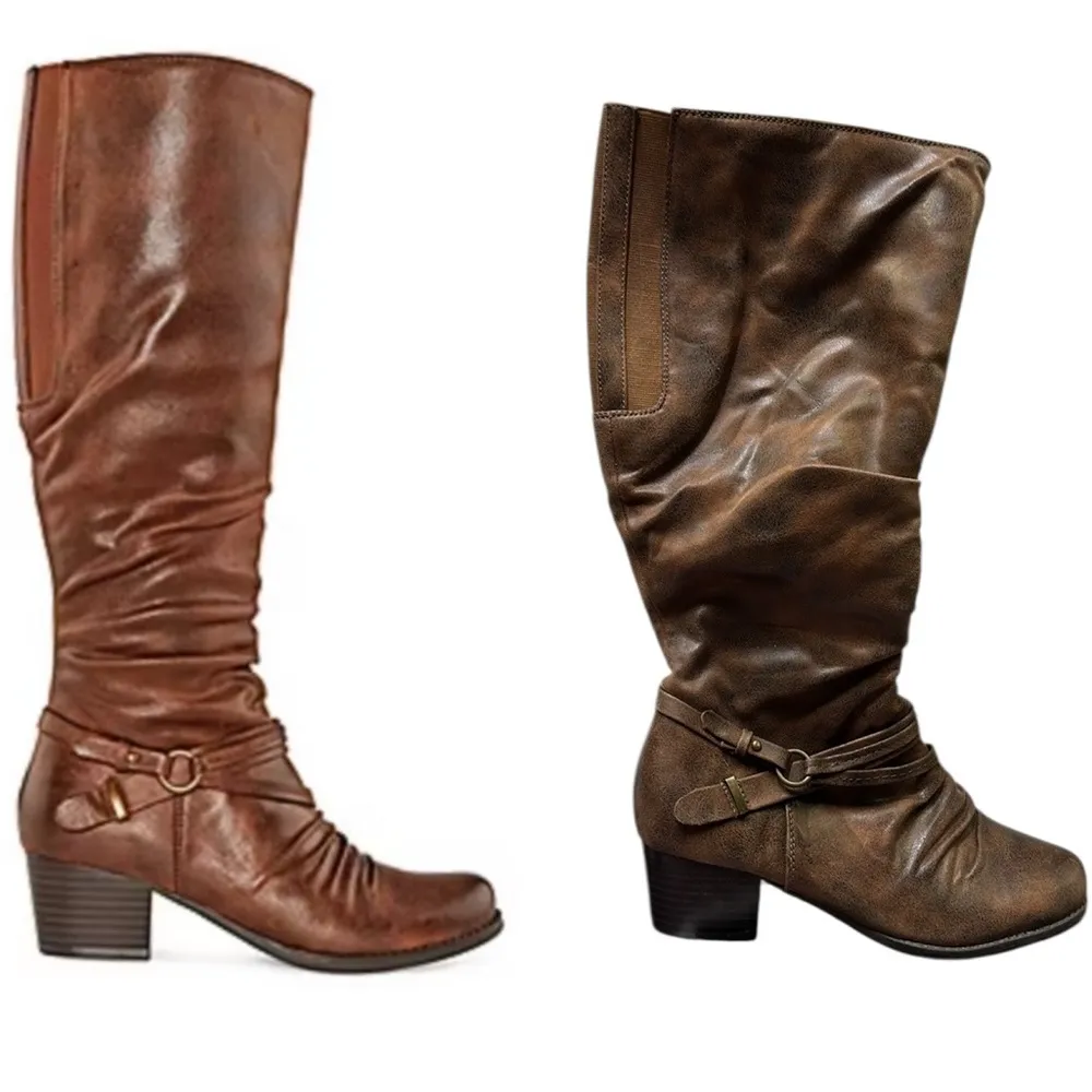 Yuu Womens Ryley Stacked Heel Below Knee Riding Boots Womens 8 W Brown - Image 3