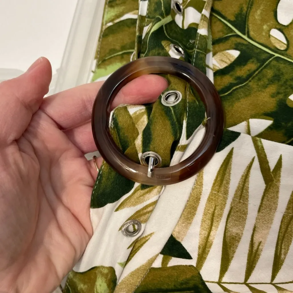 ASHLEY STEWART Plus Size White Green Floral Palm Leaf Tropical Belted Crop Pants - Image 7