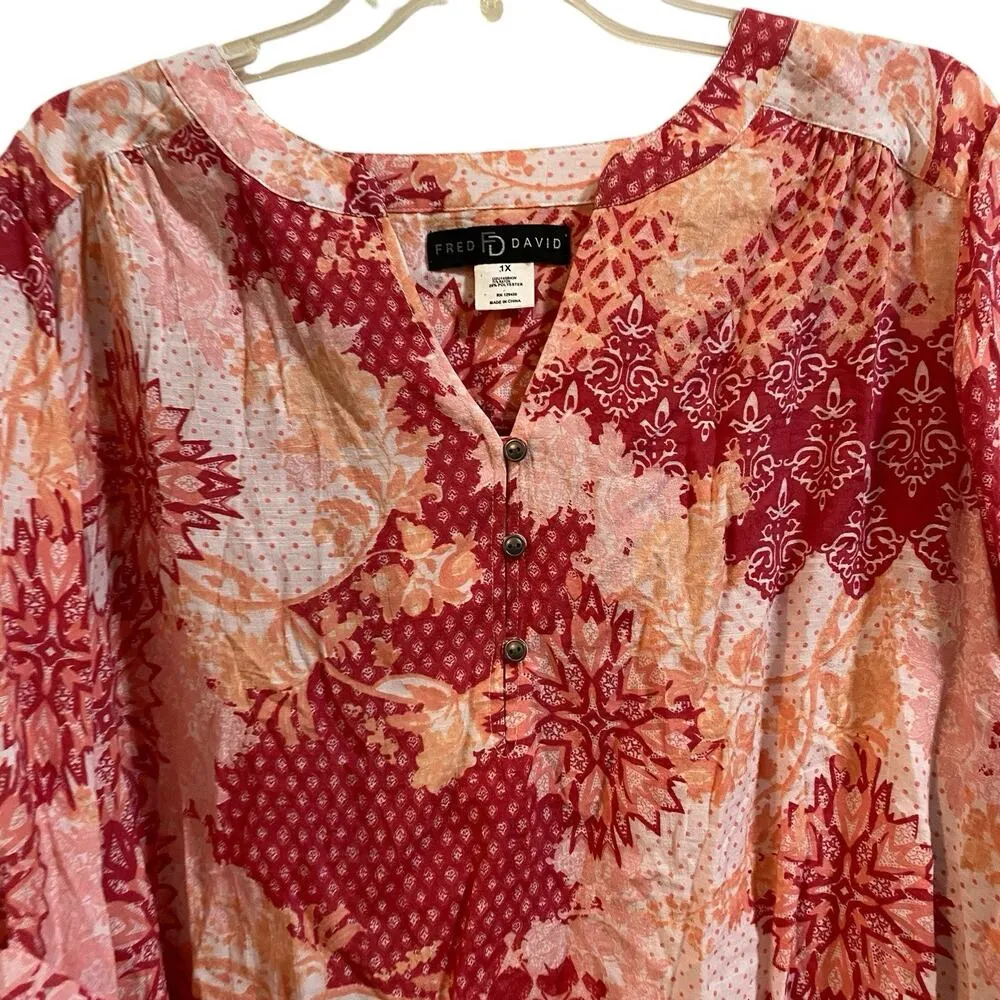 Fred David Too Blouse Women 1X Floral Rolled Up Sleeve Popover Bloomcore Spring - Image 3