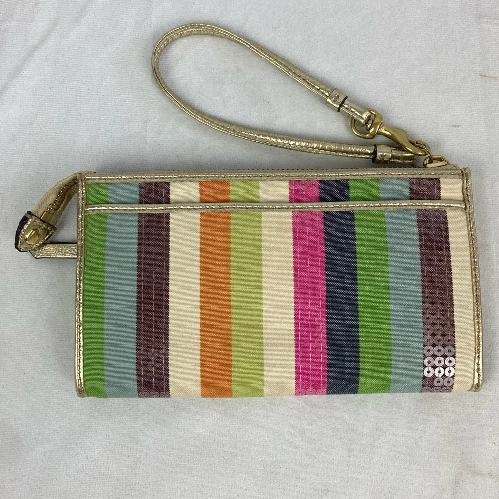 COACH Julia Legacy Colorful Stripe Sequin Wristlet Clutch Wallet Purse Gold Trim - Image 3