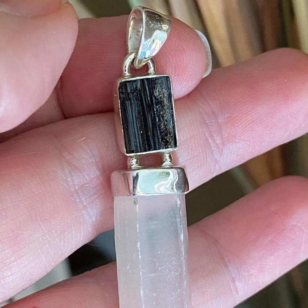 Selenite Point Divine Light & Black Tourmaline Rough Sterling Silver Pendant Black - Image 3