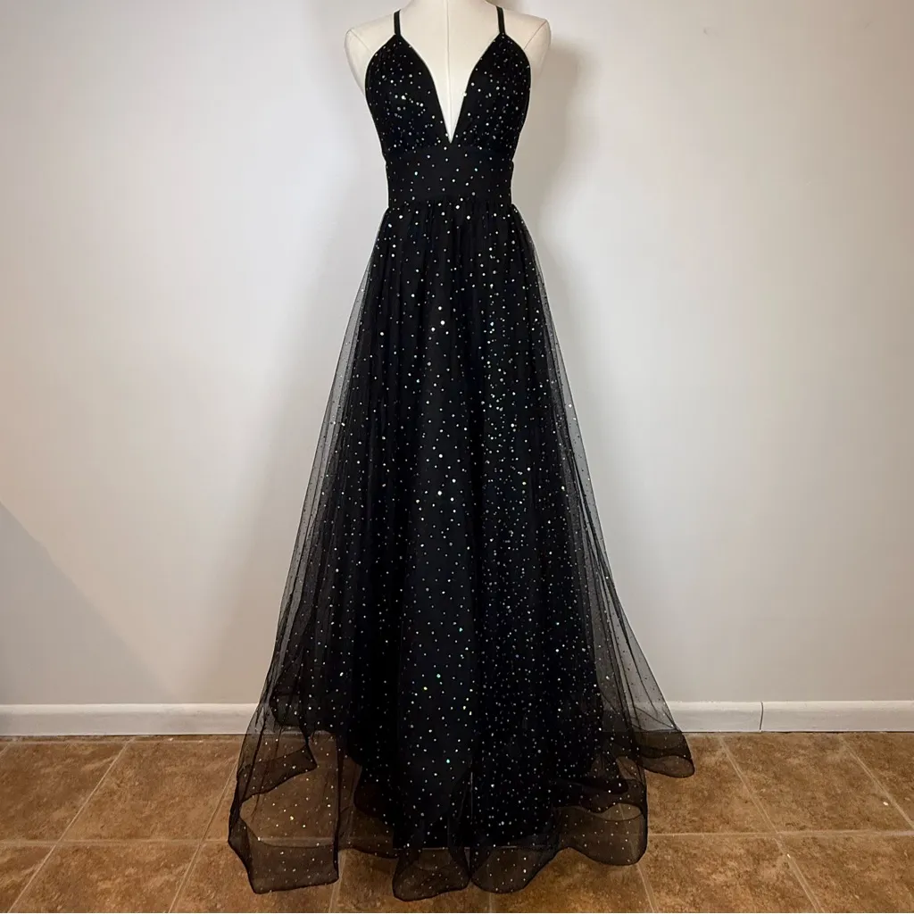 Windsor ‘Vanessa’ V-Neck Iridescent Sequin Black Tulle Flowy Gown Women’s Small - Image 3
