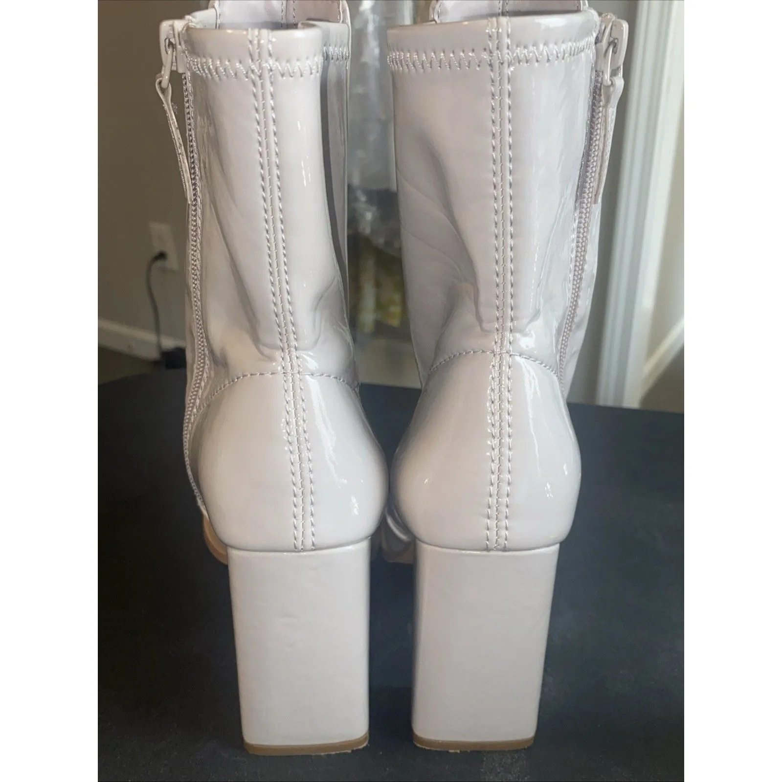 Aldo Audrella Patented Vegan Leather Block Heel Mid-Calf Boots 6.5 Beige - Image 5