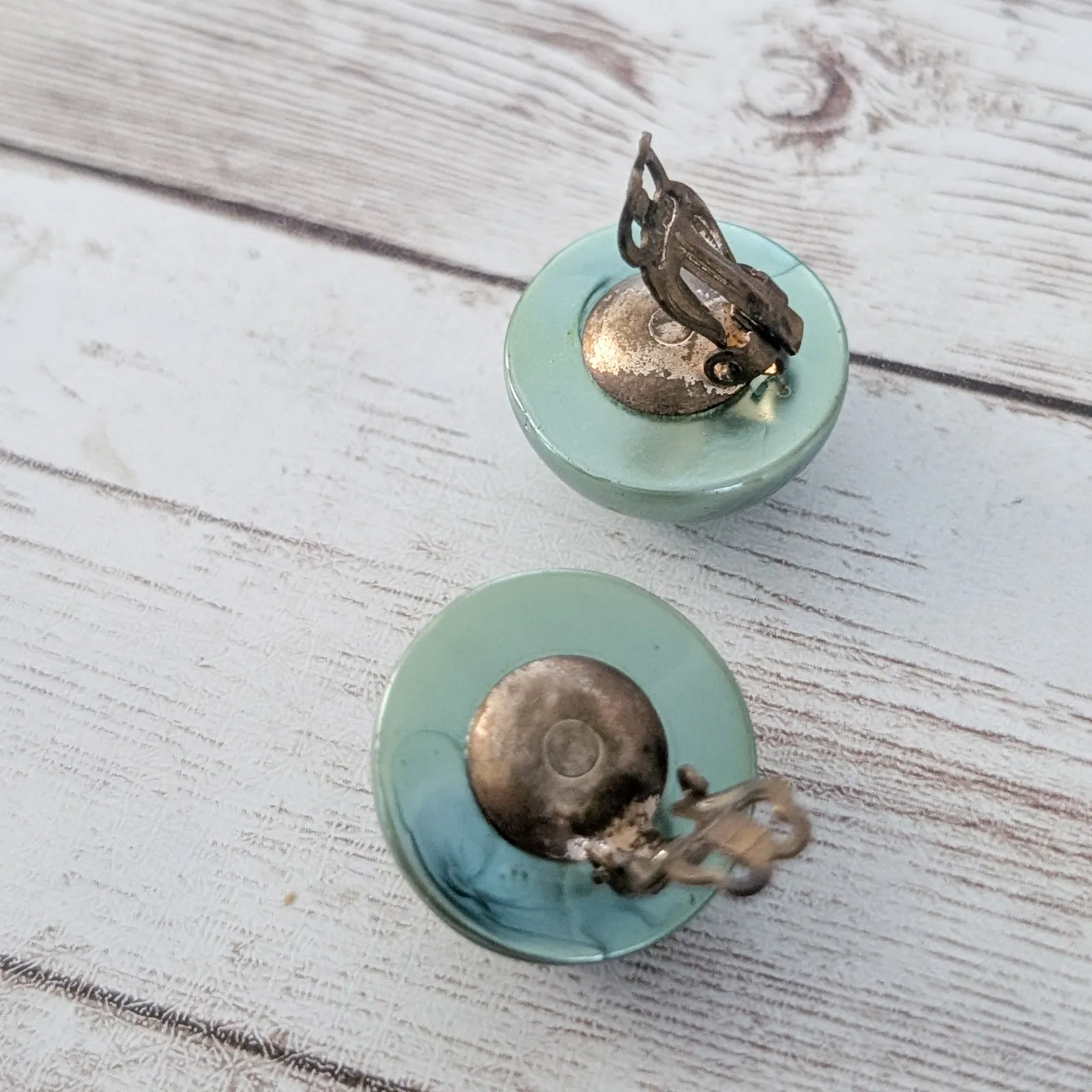 Vintage Clip On Earrings Metallic Green Domed - Image 13