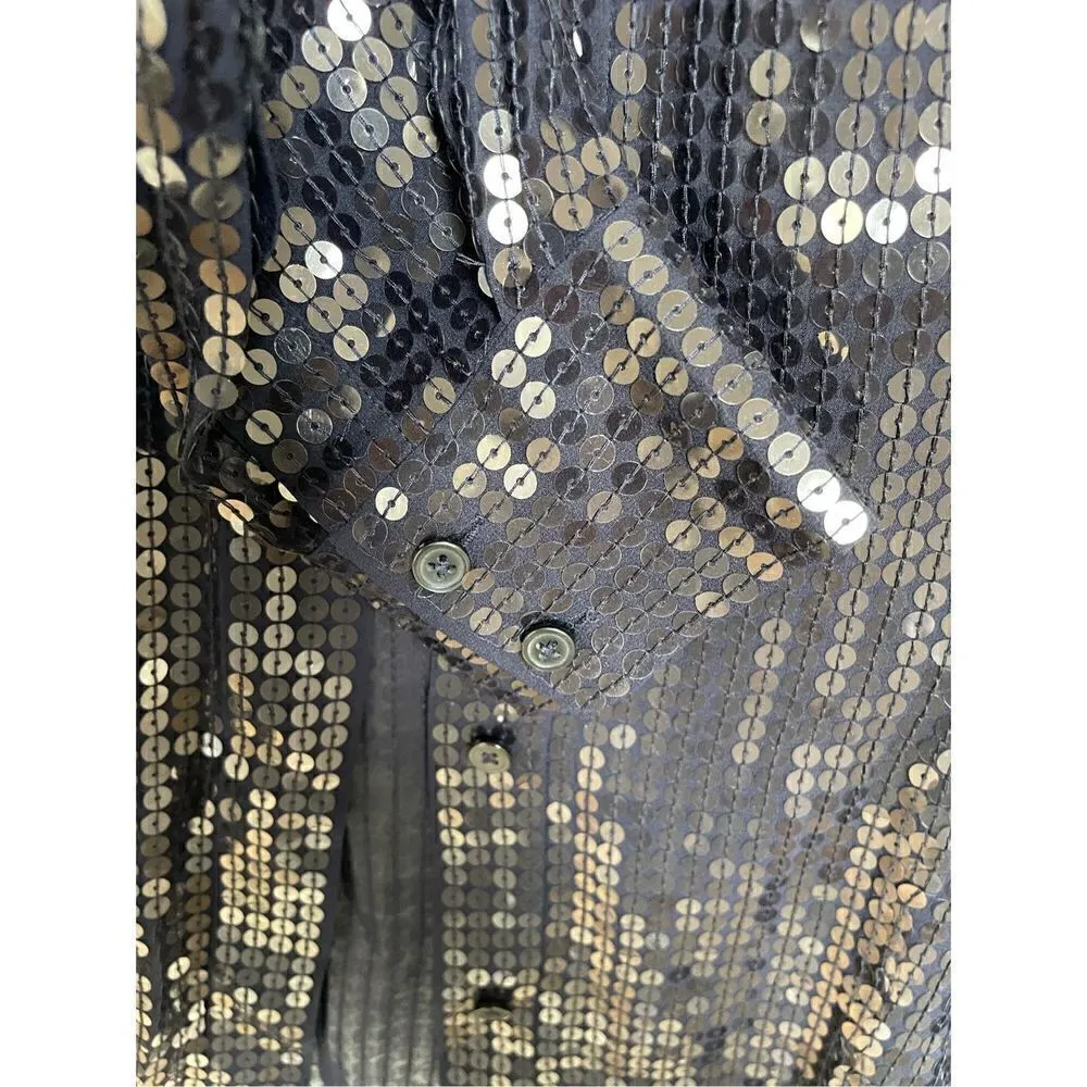 DKNY Sequin Long Sleeve Sheer Silk Blend Blouse Blue Size S - Image 6
