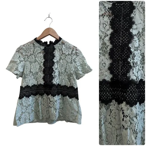 Zara Seafoam Green Black Crochet Embroidered Detail Sheer Peplum Blouse Small - Image 2