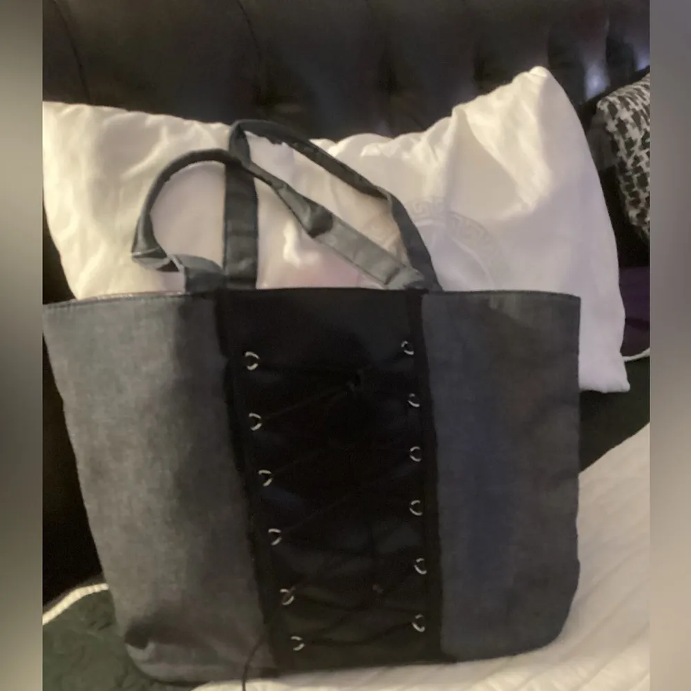 Victoria's Secret Dark Grey Denim Lace Corset Pink satin handbag purse tote bag Gray - Image 3