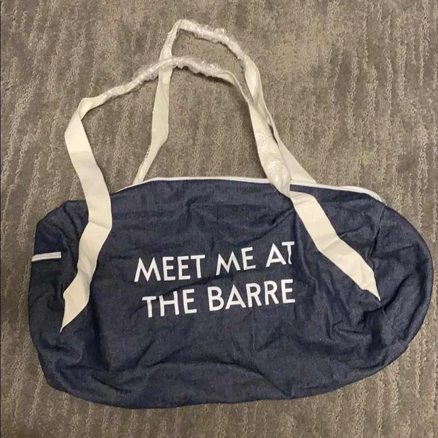 NWOT Women blue denim color Jean Gym bag MEET AT THE BARRE print sporty classic - Image 3