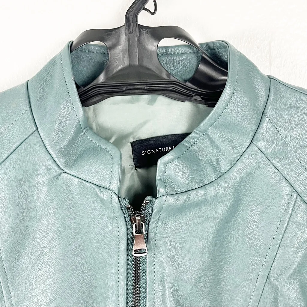 SIGNATURE STUDIO Balsam Green Faux Vegan Leather Lined Moto Jacket Medium - Image 11