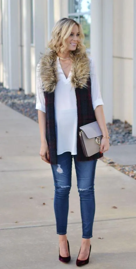 Anthropologie Sanctuary Yannah Plaid Vest Tweed Faux Fur Collar - Image 3