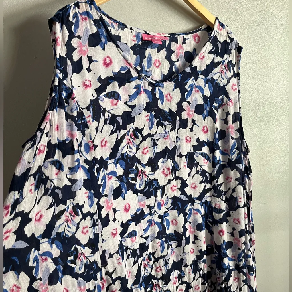 Woman Within Floral Crinkle Maxi Dress 1X 22/24 Petite Navy Pink Rayon Boho - Image 5