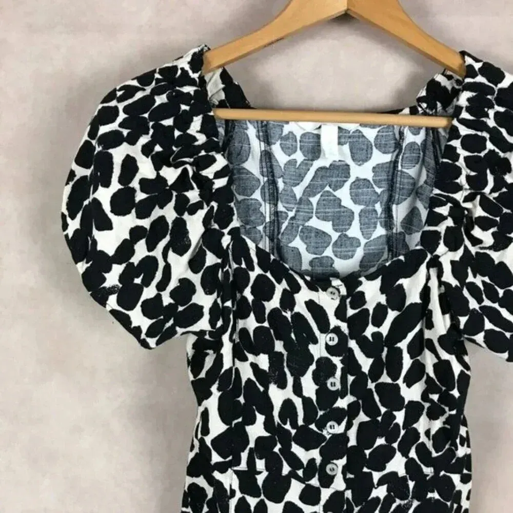 H&M Puff-Sleeve Linen Blend Printed Top Size 8 (Medium) - Image 2