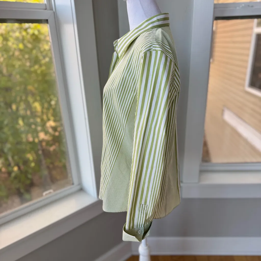 Liz Claiborne White Lime Green Preppy Striped Cotton Button Down Dress Shirt 10 - Image 2