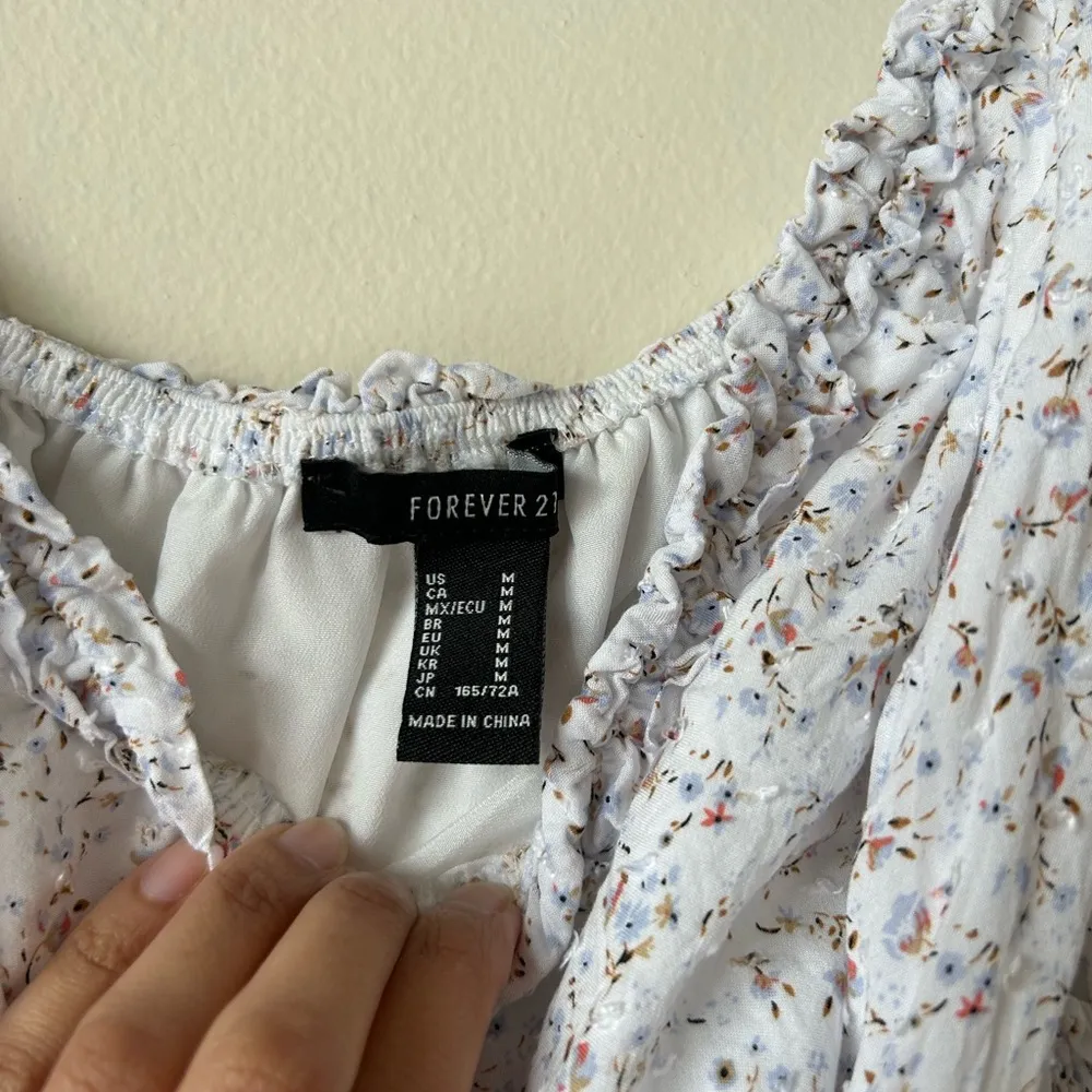 NWOT Forever 21 White Floral Ruffle Ruched Romper Shoulder Ties Gathered Waist - Image 5