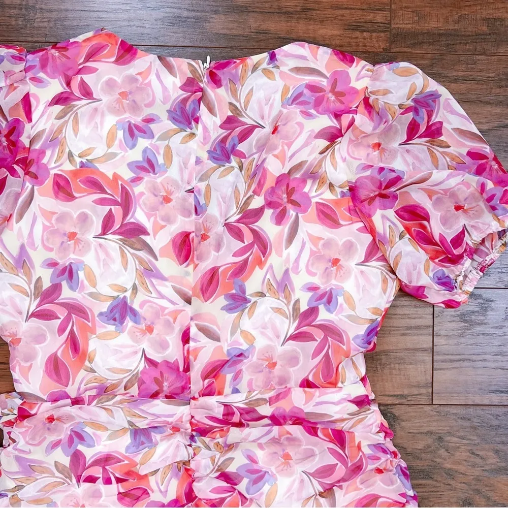 Showpo • Arwyn Dress mini pink floral chiffon ruched Eventful Bloom puff sleeve - Image 13