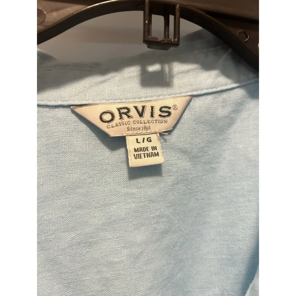 Orvis Women's Size Large Blue Linen Blend Button Short Sleeve Top Cap Sleeves - Image 3