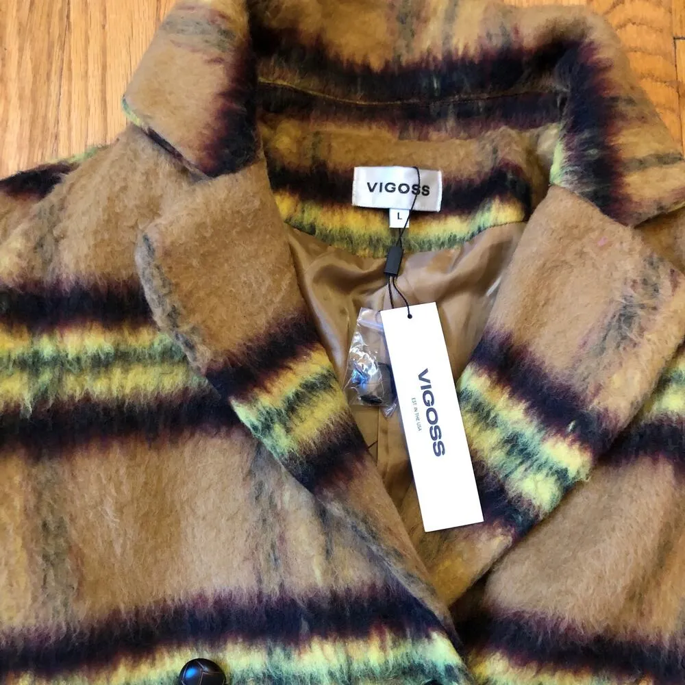 VIGOSS NWT Womens Lemon Brown Tan Yellow Plaid Double Breasted Peacoat Large - Image 3