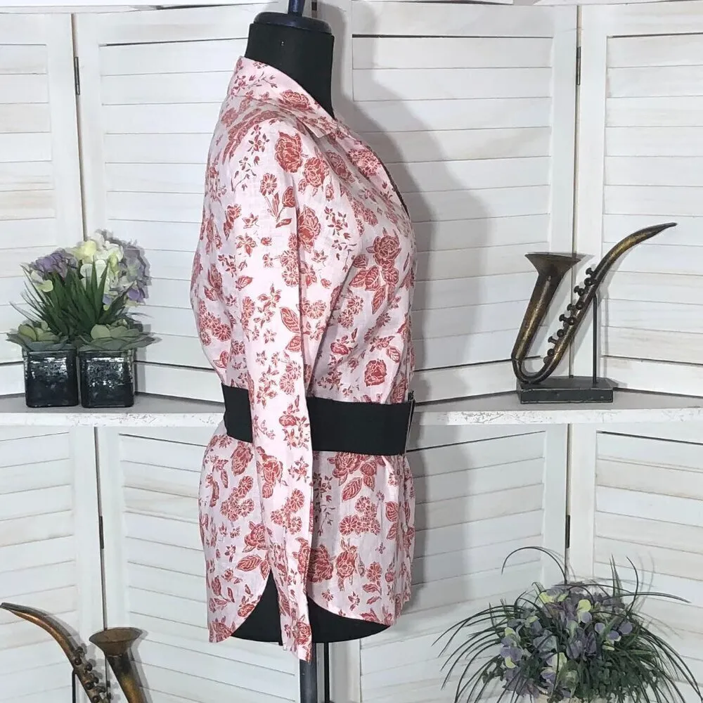 Zara Red Roses Floral Linen Shirt Light Pink XS - Image 3
