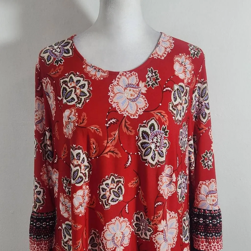 Cato Red Floral Shift Dress with Bell Sleeves Size Large Wedding Guest Dress - Image 3