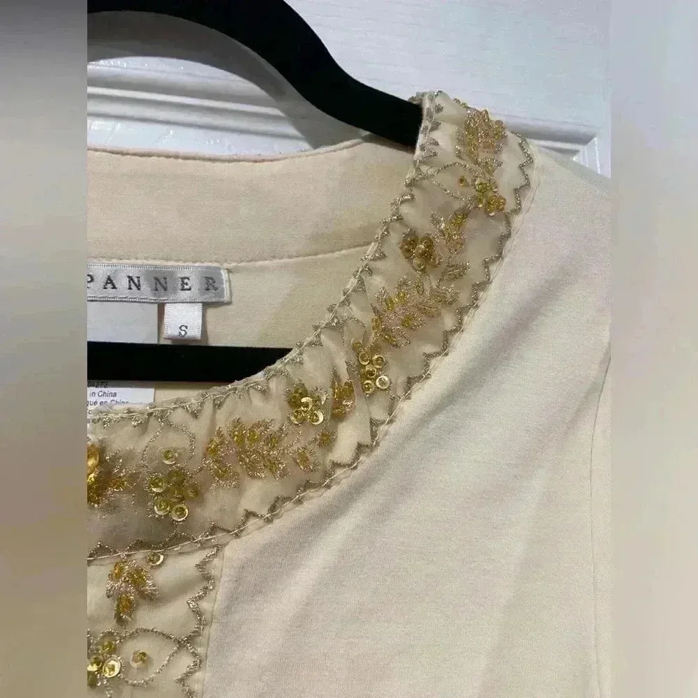 Spanner Embroidered Metallic Floral Beaded Sequin V Neck Marble Buttons Size S Gold - Image 6