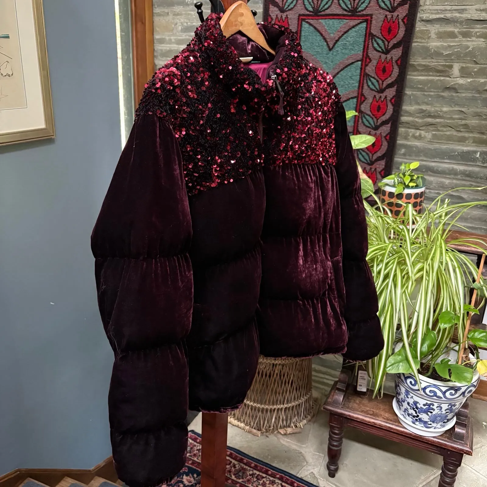 Maeve by Anthropologie 'Vera' Deep Purple Sequin Velvet Puffer Jacket Size 2X - Image 4