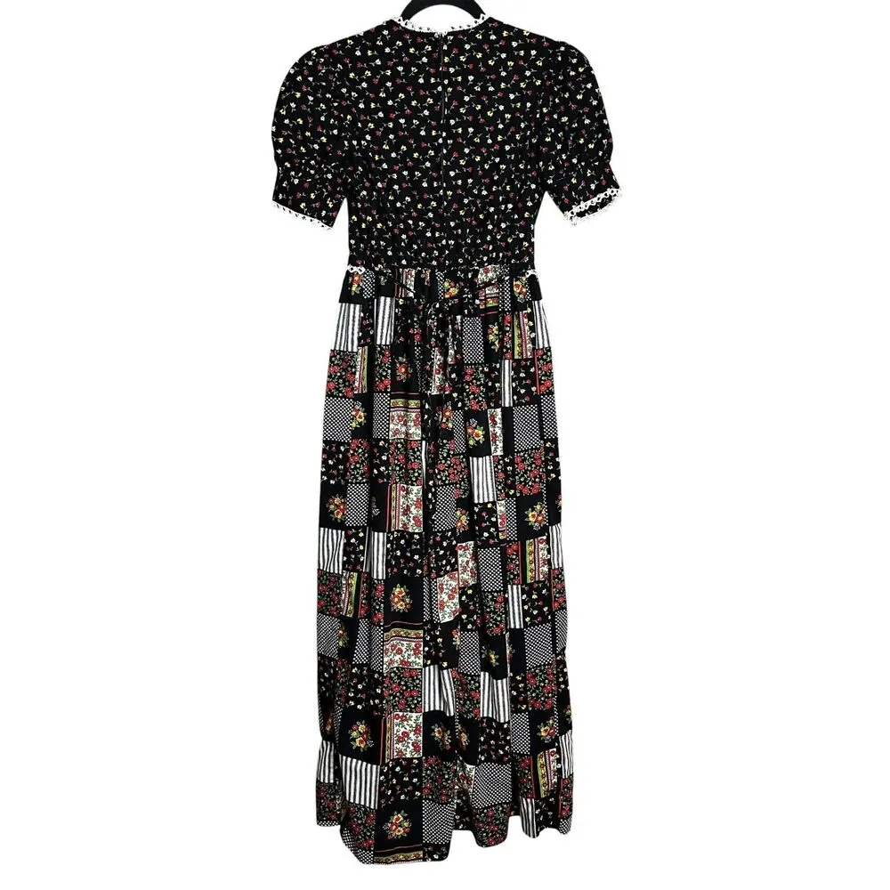 70s Vintage JCPenney Micro Floral Patchwork Puff Sleeve Lace Tie Back Maxi Dress Black Size XS - Image 2