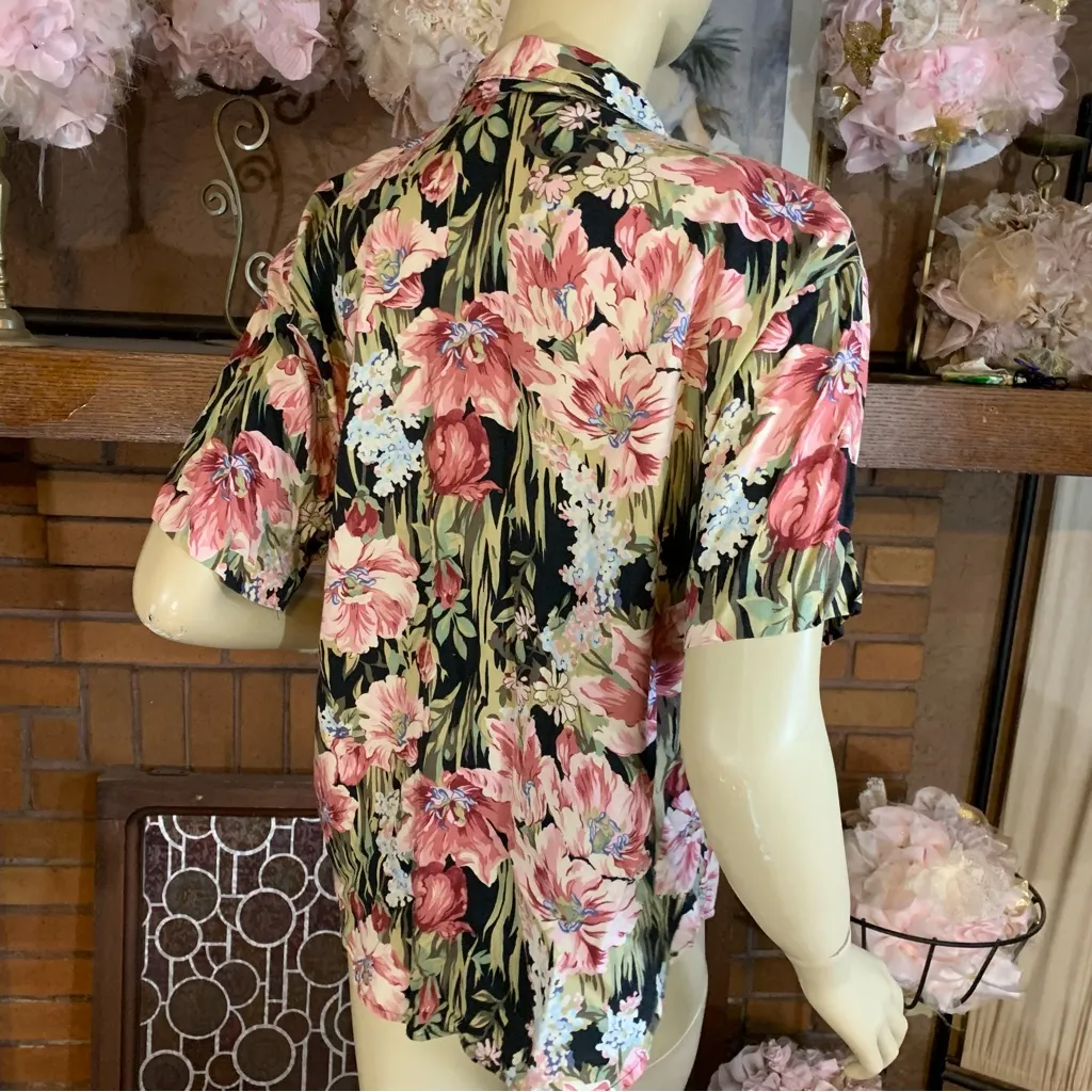 VINTAGE 1980'S PINK, BLACK & GREEN FLORAL PRINT TEDDI BLOUSE (MP) Multiple Size M - Image 6