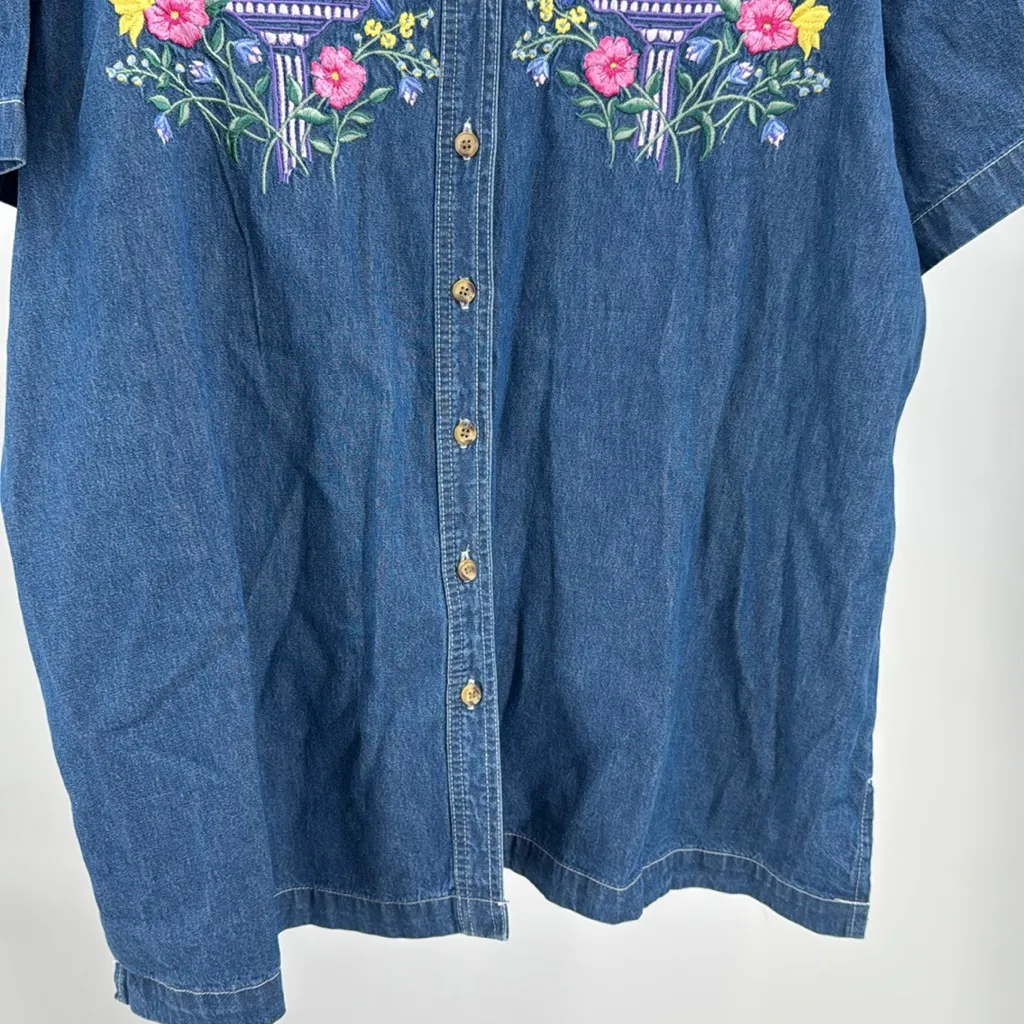 Bobbie Brooks Denim short sleeve Blue Button Up Shirt embroidered birds flowers Size 26W - Image 7
