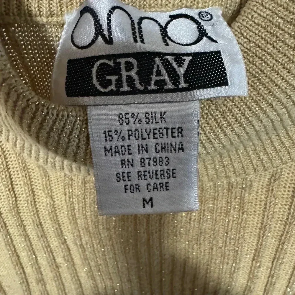 Anna Gray‎ women’s silk sleeveless gold ribbed mock turtle medium light knit - Image 3
