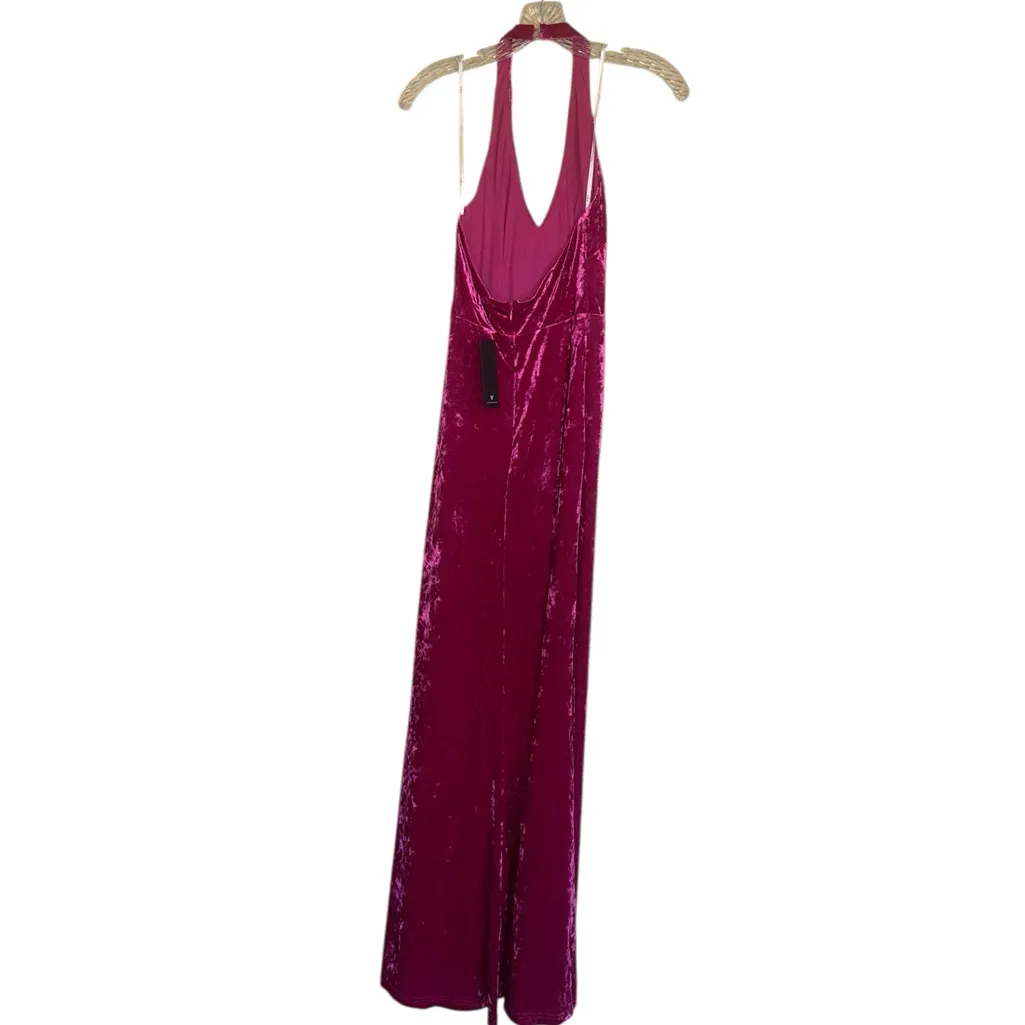 NWT LULUS Alluring Elegance Hot Pink Crushed Velvet Halter Maxi Dress Pink XS - Image 8
