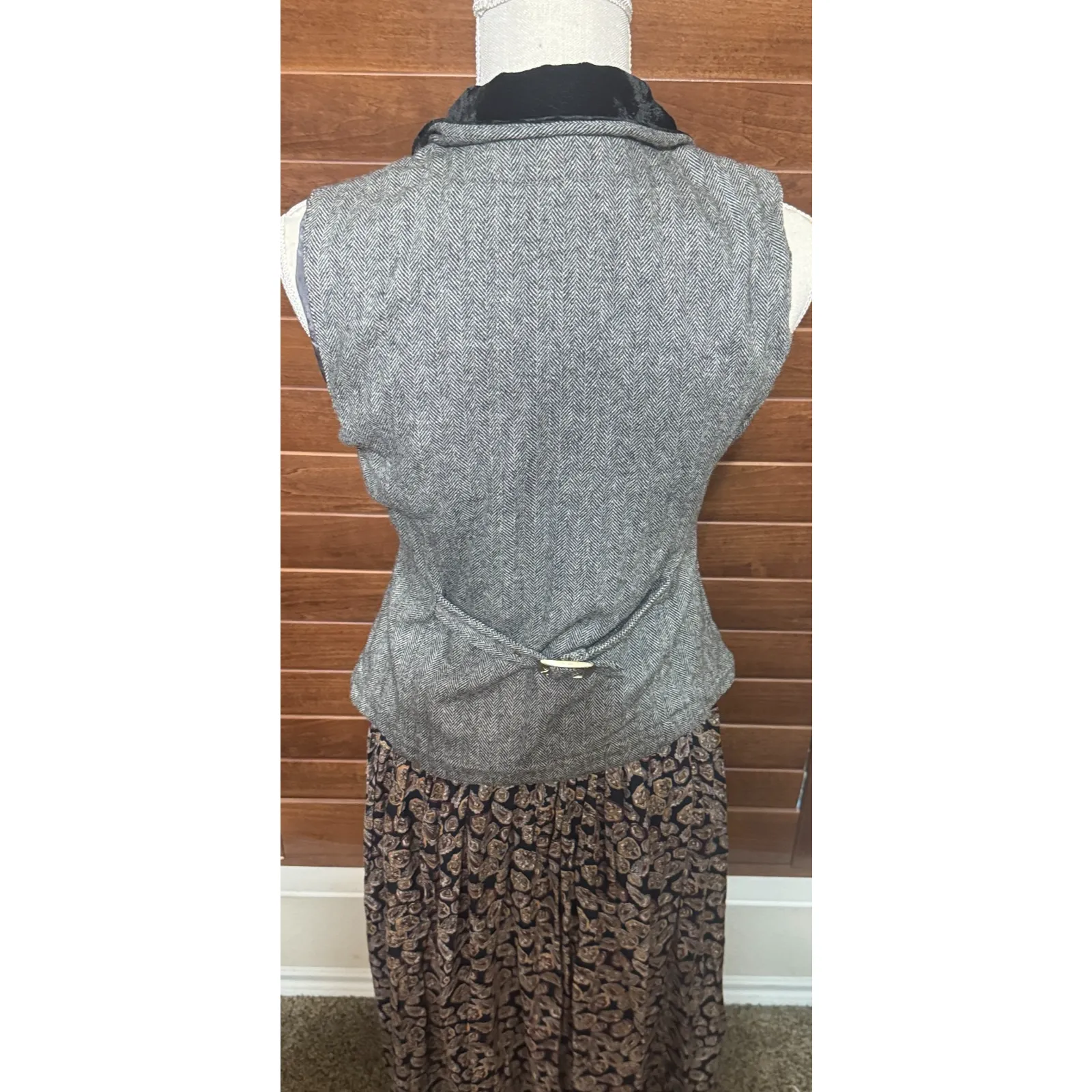 VTG 90s CJW Wool Dress Herringbone Vest Paisley Prairie Academia Teacher sz S Black - Image 10