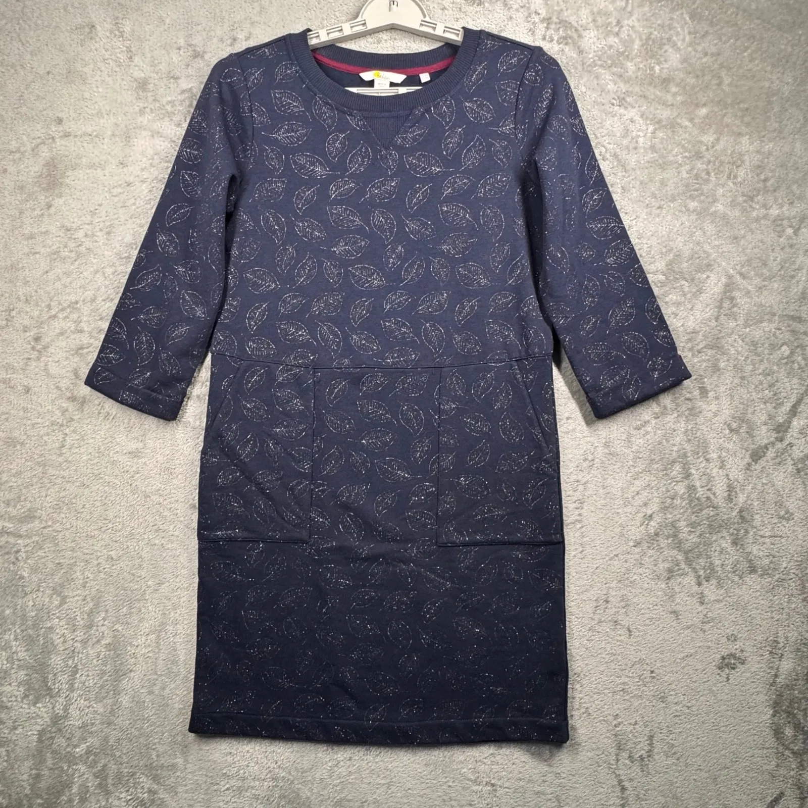 Boden Hannah Sweatshirt‎ Dress 4R Navy Foil Leaf Print Mini Dress Pockets Cozy Blue Size 4 - Image 2