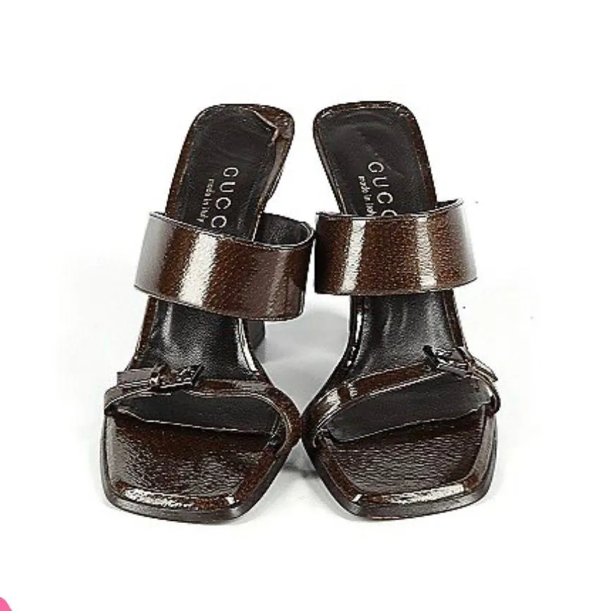 Vintage 90s Double Strap Brown Leather Block Heel Mule Sandals - Image 2