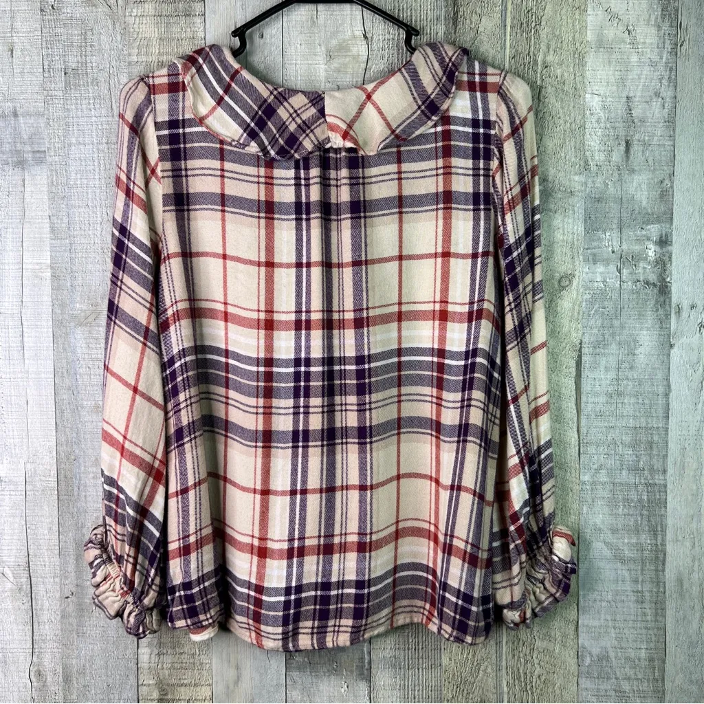 Lee Vintage Small Plaid Print Long Sleeve V-Neck Ruffle Neckline Blouse - Image 2
