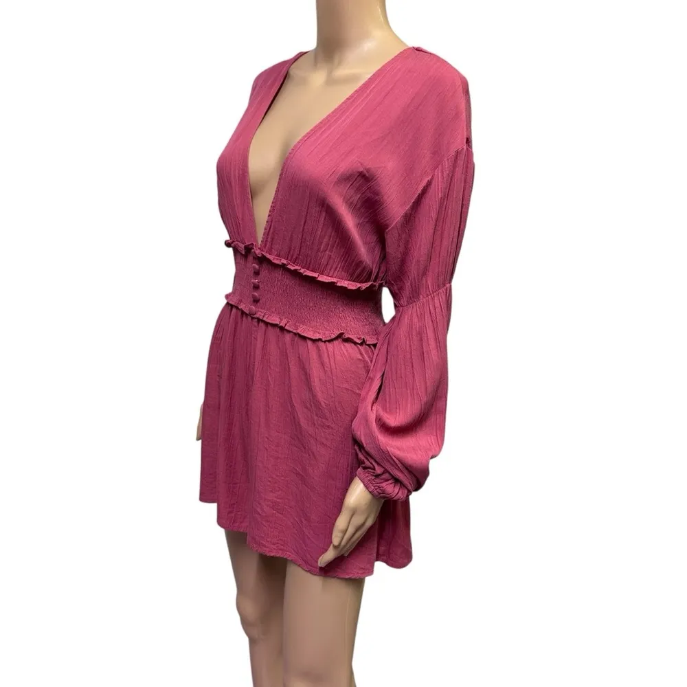 Forever 21 Plunging Ruffled Smocked Peasant Boho Long Sleeve Shorts Romper Small - Image 2