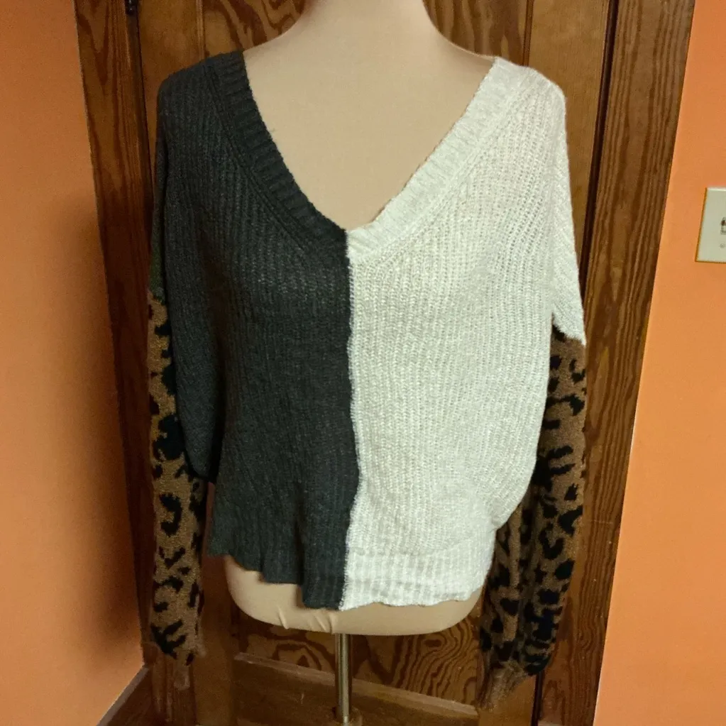 Blu Pepper V neck split color n leopard cropped Beachy sweater - Image 5