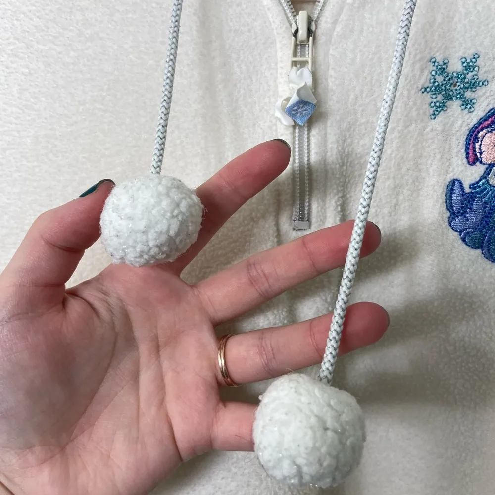 EUC Vintage Pooh women’s cream soft fleece Eeyore patch pompom hood sweatshirt M Blue Size M - Image 5