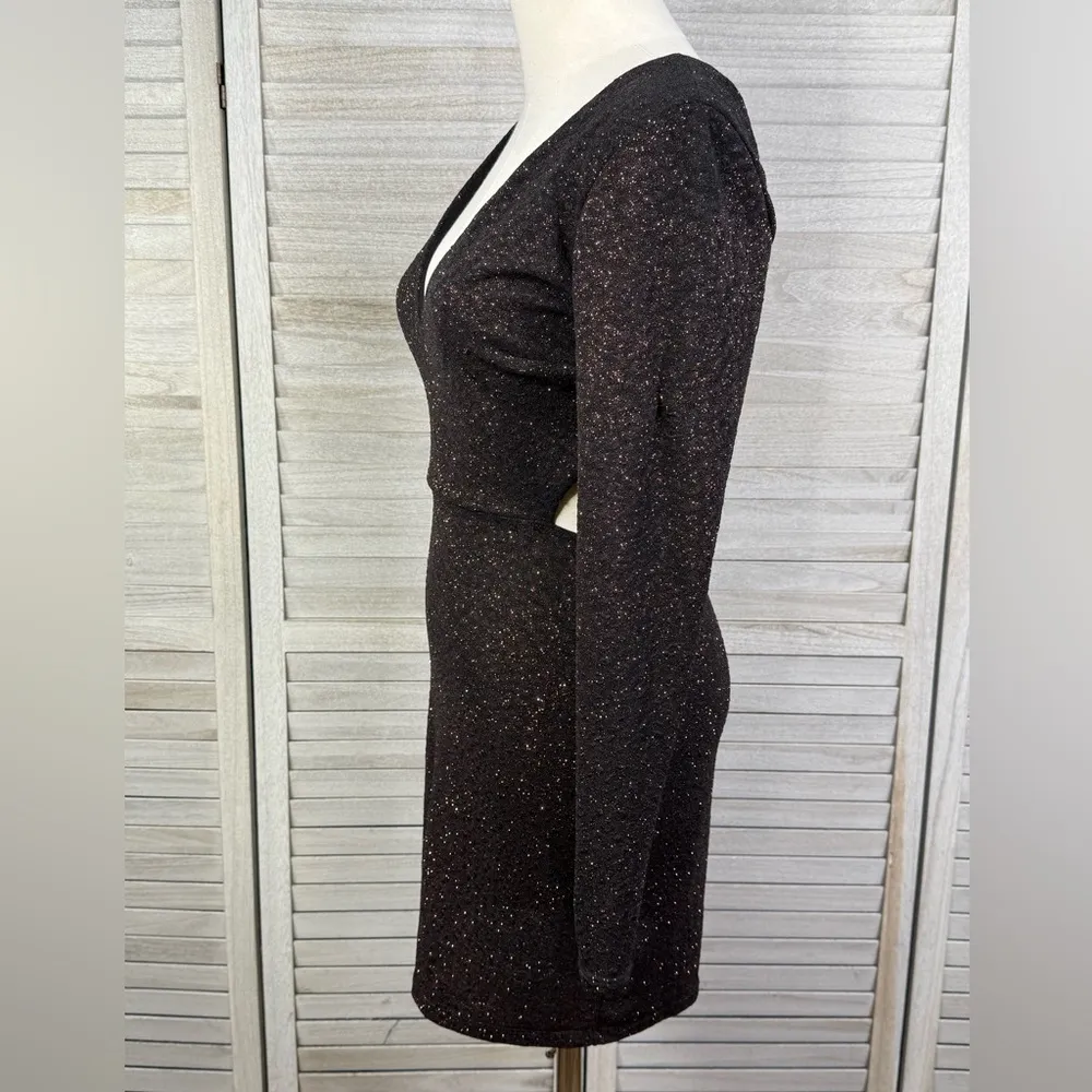 WINDSOR Cutout Mini Dress V Neck Long Sleeve Bodycon Black/Copper Shimmer-M - Image 3