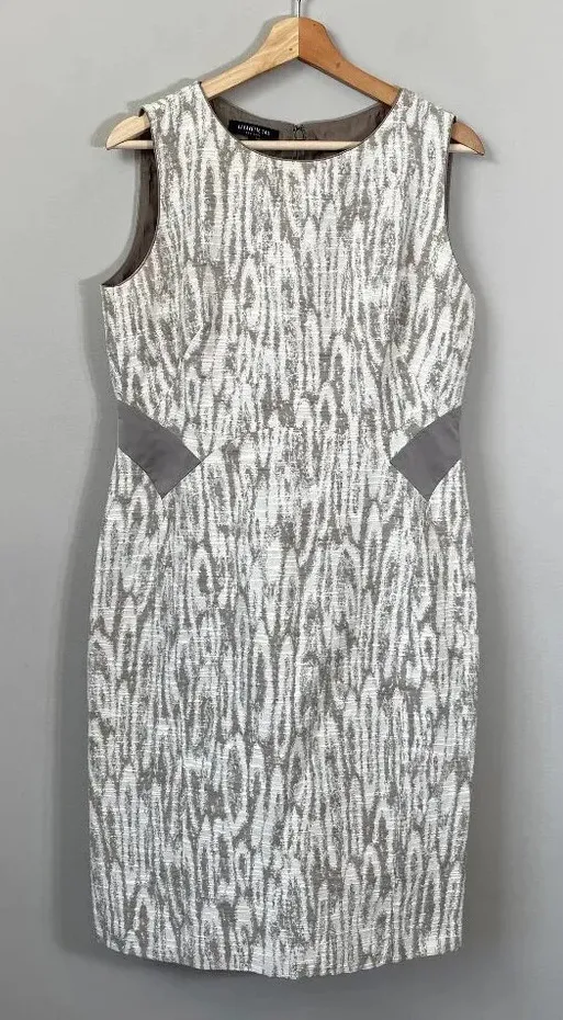 Lafayette 148 Sleeveless Patterned Sheath Dress Women's Size 8 Cream Tan Career - Image 1