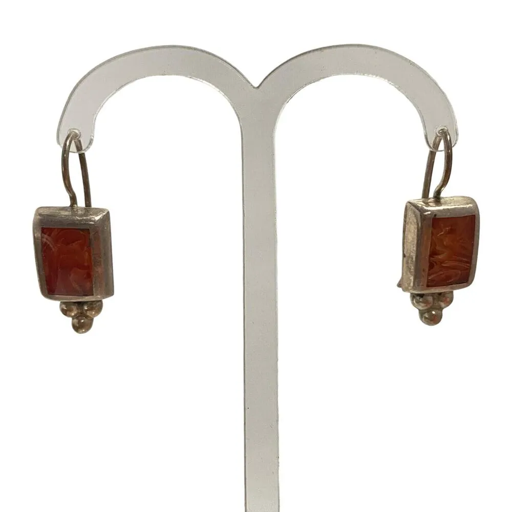 Vintage Signed MEXICO ATI 925 Sterling Silver Rectangular Carnelian Hook Earring Red - Image 4